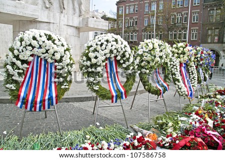 Wreaths on the Dam square during remembrance day at the 5th of may 2012 in Amsterdam the Netherlands