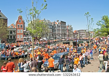 Amsterdam - April 30: Big Crowds In Orange From People Partying At The Celebration Of Queensday On April 30, 2012 In Amsterdam, The Netherlands