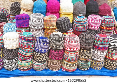 Colorful wool caps for sale in the market in Morocco Africa