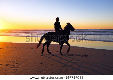 Horse Riding On The Beach At Sunset