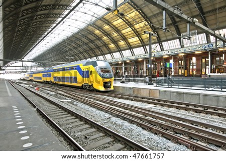 Train waiting in Central Station Amsterdam the Netherlands