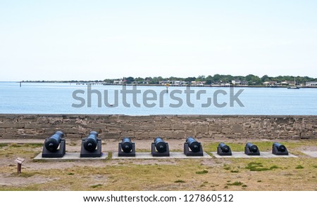 Old canons lined up in front of the bay aiming at the sea. Castillo de San Marcos, St. Augustine, Florida. 16th Century