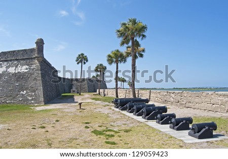 Cannons lined up, walls and field of the Castillo de San Marcos fort in St. Augustine, Florida.