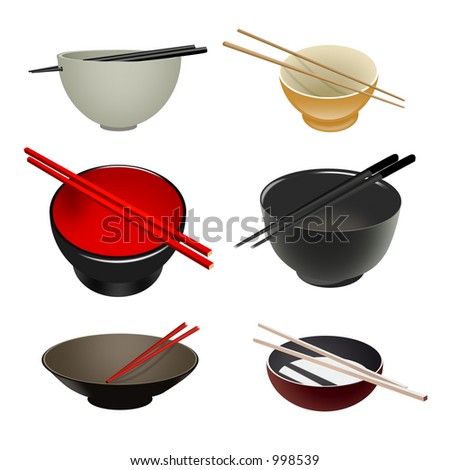 Set of illustration of six diverse Asian Bowl and chopsticks