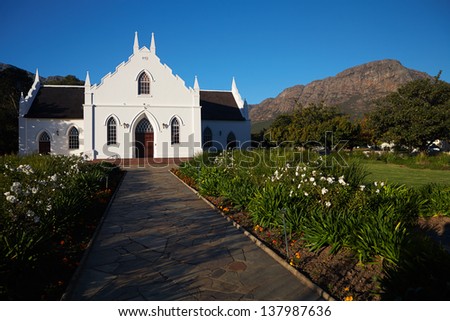 The local church is a great example of Colonial architecture from it\'s dutch decent in Franschhoek, Western Cape, South Africa.