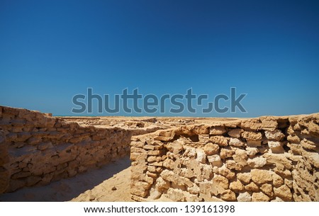 Ruins of the original trading post just a few hundred meters from Fort Al Zubarah in the northern Qatar desert, Middle East