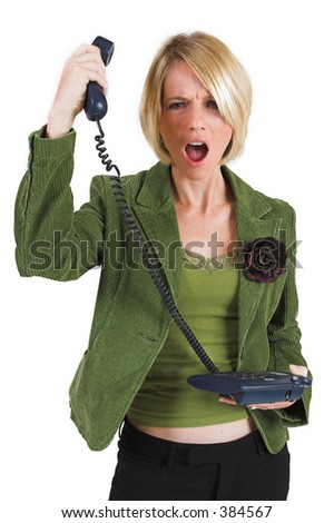 Upset business woman in green suite with phone