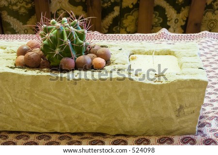 Raw Granite block with candle and cactus