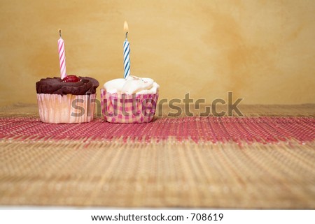 two cupcakes on pink and brown table cloth in front of  wall - copy space
