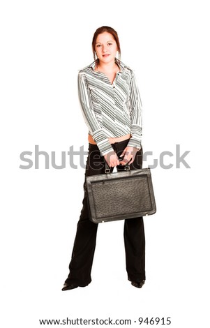 Business woman with brown hair, dressed in a white shirt with black stripes. Holding a black leather suitcase