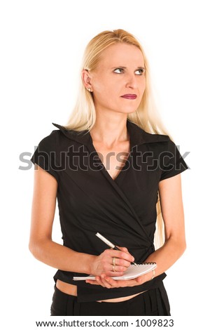 Blond Business Woman, thinking, writing on note pad