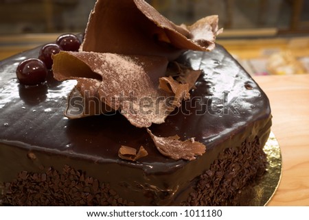 Glazed Chocolate cake and Cherries in a French Patisserie and Chocolaterie - Medium Depth of Field, copy space