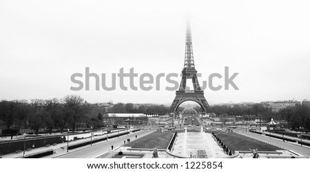 The Eiffel Tower in Paris, France.  Black and white.  Copy space.