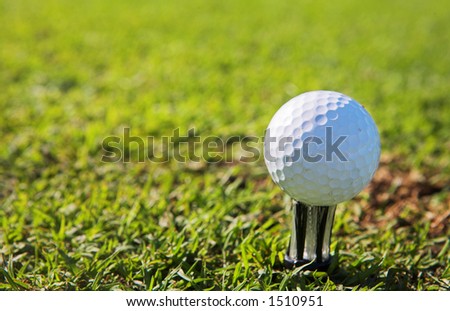 A close-up of a golf ball on a golf tee.  Shallow D.O.F - ball in focus, background out of focus.