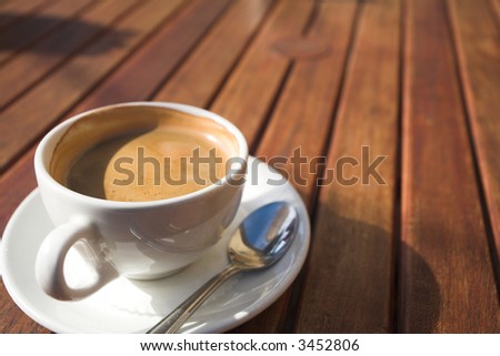 White coffee cup with rich coffee and foam on a brown wooden table – Shallow Depth of Field – focus on rim of cup