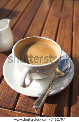 White coffee cup with rich coffee and foam on a brown wooden table – Shallow Depth of Field – focus on foam in cup