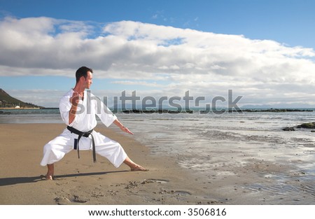 Young adult man with black belt practicing a Kata on the beach on a sunny day