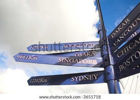 A blue distance marker against a cloudy blue sky for the various cities in the world (in km)