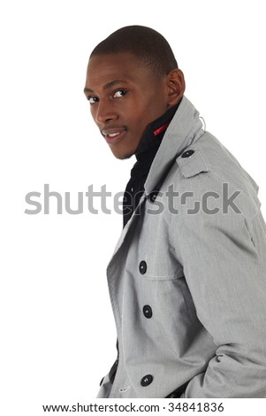 Young black african businessman in a formal suite and grey jacket and on a white background - NOT ISOLATED