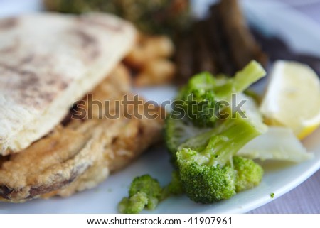 Traditional Turkish meal of steamed broccoli, potato dumplings, homemade flat bread and dolmati. Very shallow Depth of Field.