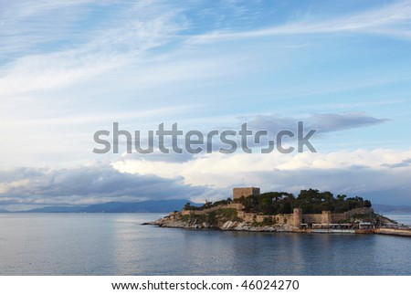 Pigeon Island Fortress, also known as the Pirates castle, in the Kusadasi harbor, on the Aegean coast of Turkey.