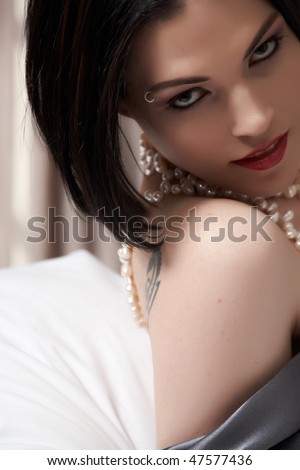  Sexy naked young caucasian adult woman with red lips short black hair