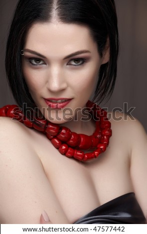  Sexy naked young caucasian adult woman with red lips short black hair