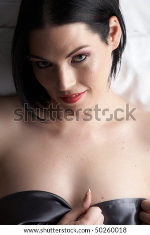 stock photo : Sexy naked young caucasian adult woman with red lips, 