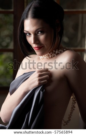 stock photo : Sexy naked young caucasian adult woman with red lips, 