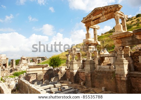 Ruins of the Fountain of Traian in the city of Ephesus in modern day Turkey