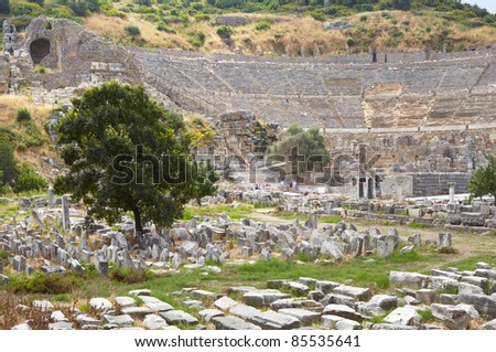 the old graveyard at the foot of the Amphitheater next to the Golden Highway at the old ruins of the city of Ephesus in modern day Turkey