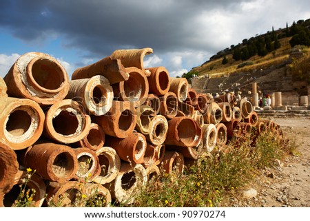 Old clay pipes for plumbing in the old ruins of the city of Ephesus in modern day Turkey
