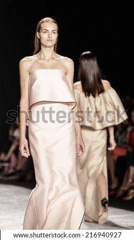 New York, NY, USA - September 05, 2014: Model walks runway for Monique Lhuillier Spring 2015 Runway show during Mercedes-Benz Fashion Week New York at the Theatre at Lincoln Center, Manhattan