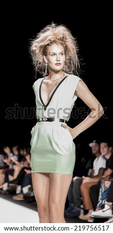 New York, NY, USA - September 11, 2014:Model walks runway wearing Altaf Maaneshia at Art Hearts fashion show presented by AIDS Healthcare Foundation during MBFW SS2015 at The Theatre at Lincoln Center