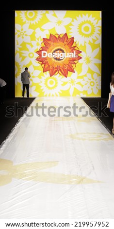 New York, NY, USA - September 04, 2014: Desigual logo and runway are ready for Desigual Spring 2015 Runway show during Mercedes-Benz Fashion Week New York at the Theatre at Lincoln Center, Manhattan