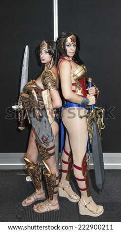 New York, NY, USA - October 11 2014: Comic Con attendees pose in the costumes during Comic Con 2014 at The Jacob K. Javits Convention Center in New York City