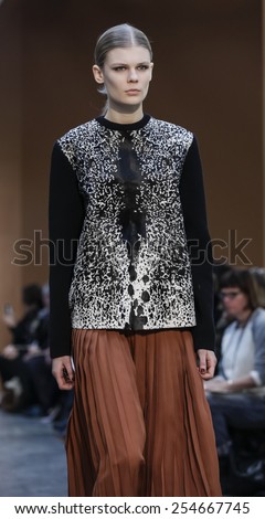 New York, NY, USA - February 15, 2015: A model walks runway for Derek Lam FW15 Runway show during Mercedes-Benz Fashion Week New York at the 545 West 22nd Street, Manhattan