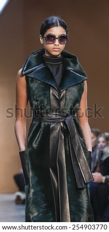 New York, NY, USA - February 15, 2015: A model walks runway for Derek Lam FW15 Runway show during Mercedes-Benz Fashion Week New York at the 545 West 22nd Street, Manhattan