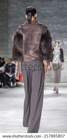 New York, NY, USA - February 14, 2015: A model walks runway for Son Jung Wan Fall 2015 Runway show during Mercedes-Benz Fashion Week New York at the Pavilion at Lincoln Center, Manhattan