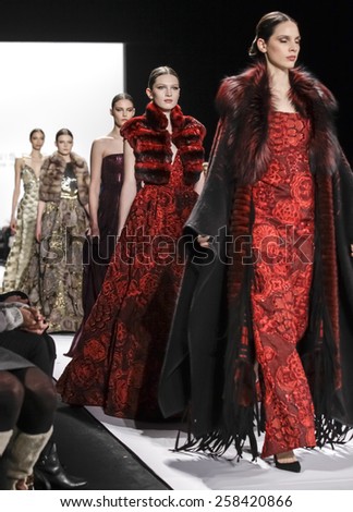 New York, NY, USA - February 16, 2015: Model walk runway for Dennis Basso Fall 2015 Runway show during Mercedes-Benz Fashion Week New York at the Theatre at Lincoln Center, Manhattan