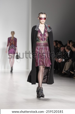 New York, NY, USA - February 15, 2015: A model walks runway for Custo Barcelona Fall 2015 Runway show during Mercedes-Benz Fashion Week New York at the Salon at Lincoln Center, Manhattan