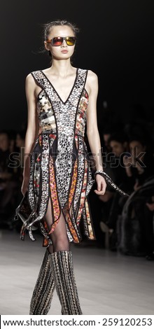 New York, NY, USA - February 15, 2015: A model walks runway for Custo Barcelona Fall 2015 Runway show during Mercedes-Benz Fashion Week New York at the Salon at Lincoln Center, Manhattan