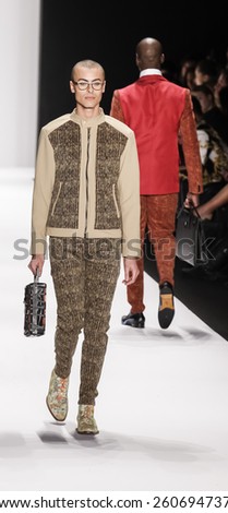 New York, NY, USA - February 19, 2015: Model walks the runway for House of Byfield Fall 2015 collection at the Art Hearts Fashion Presented By AIHF during MBFW at The Theatre at Lincoln Center