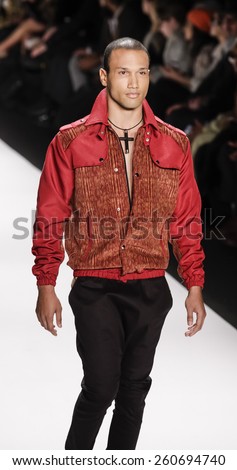 New York, NY, USA - February 19, 2015: Model walks the runway for House of Byfield Fall 2015 collection at the Art Hearts Fashion Presented By AIHF during MBFW at The Theatre at Lincoln Center