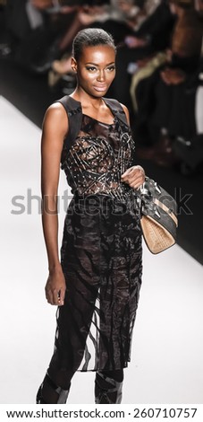 New York, NY, USA - February 19, 2015: Model walks the runway for House of Byfield Fall 2015 collection at the Art Hearts Fashion Presented By AHF during MBFW at The Theatre at Lincoln Center