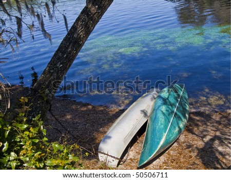 Two locked rowboats near a Blue Spring Run, Florida.