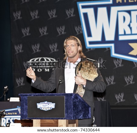 NEW YORK, NY - MARCH 30: Word Heavyweight Champion Edge attends the WrestleMania XXVII press conference at Hard Rock Cafe New York on March 30, 2011 in New York City.