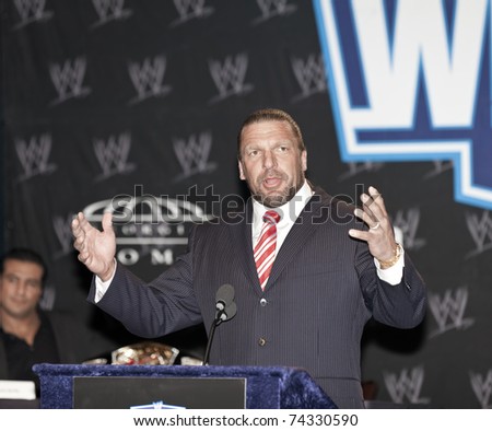 NEW YORK, NY - MARCH 30: WWE Superstar Triple H attends the WrestleMania XXVII press conference at Hard Rock Cafe New York on March 30, 2011 in New York City.