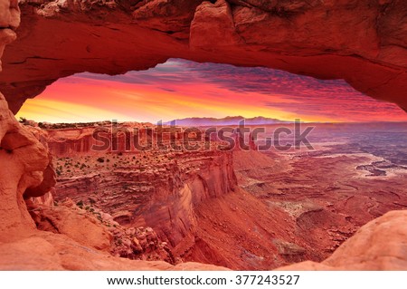 Colorful sunrise in Mesa Arch, Canyonlands National Park near Moab, Utah, USA