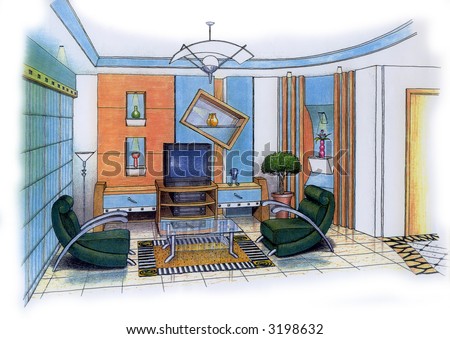 An artist's simple sketch of an interior design of a living room (design & sketch by submitter)